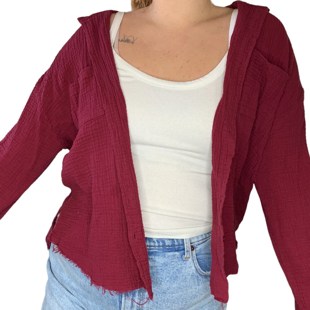 Maroon Red Muslin Distressed Slouchy Button Up Top Plus - Picture 3 of 5